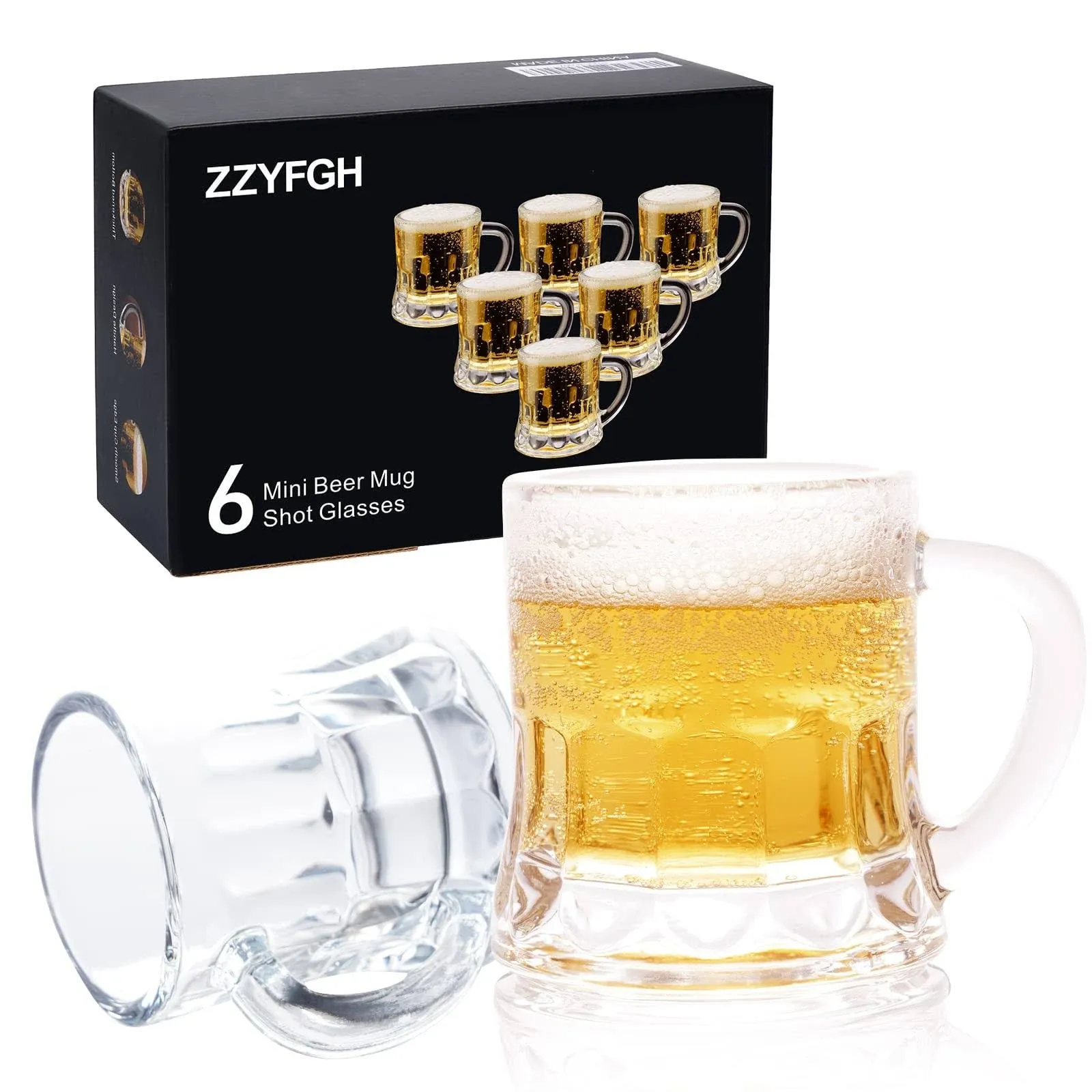 ZZYFGH 6 Pack Mini Beer Shot Glasses, Mini Glass Beer Mug with Handle, Mini Heavy Base Clear Beer Mugs-1.8 Ounce, Tequila, Vodka, Great for Father, Husband, Birthday or Friend Party Present