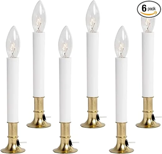 Creative Hobbies Electric Window Candle Lamp with Brass Plated Base, Dusk to Dawn Sensor Turns Candle on in Dark and Off in Light, Ready to Use! | 6 Pack