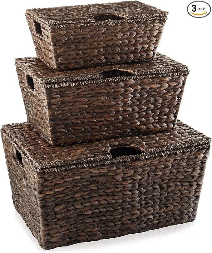 Water Hyacinth Storage Baskets with Tapered Bottoms by Casafield - Set of 3 - Small, Medium, Large