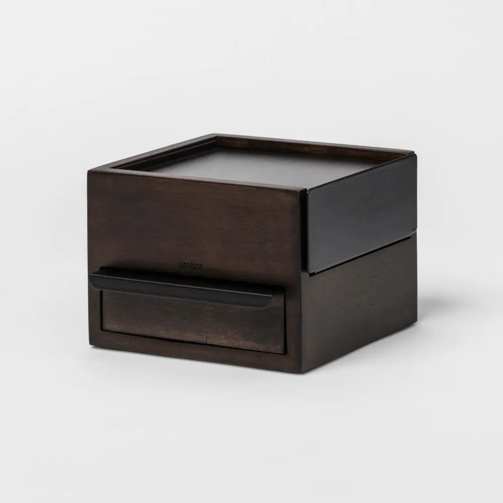 Umbra Mini Stowit Jewelry Box - Modern Keepsake Storage Organizer with Hidden Compartment Drawers for Ring, Bracelet, Watch, Necklace, Earrings, and Accessories,Black/Walnut