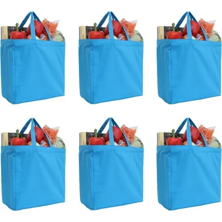 Reusable Heavy Duty 100% Cotton Canvas Grocery Bags | Pack of 6 | With Strong Handles Holds up to 50lbs | Eco Friendly | Large Size 14x14x7.5 - Turquoise