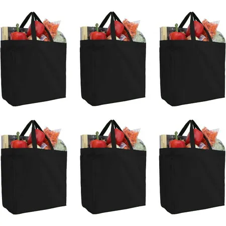 Reusable Heavy Duty 100% Cotton Canvas Grocery Bags | Pack of 6 | With Strong Handles Holds up to 50lbs | Eco Friendly | Large Size 14x14x7.5 - Black