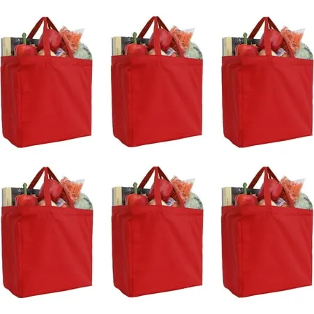 Reusable Heavy Duty 100% Cotton Canvas Grocery Bags | Pack of 6 | With Strong Handles Holds up to 50lbs | Eco Friendly | Large Size 14x14x7.5 - Red