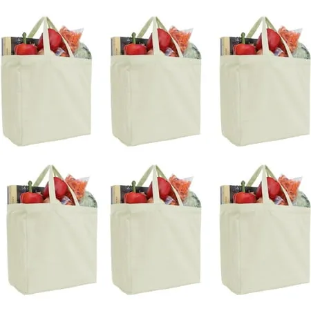 Reusable Heavy Duty 100% Cotton Canvas Grocery Bags | Pack of 6 | With Strong Handles Holds up to 50lbs | Eco Friendly | Large Size 14x14x7.5" - Natural