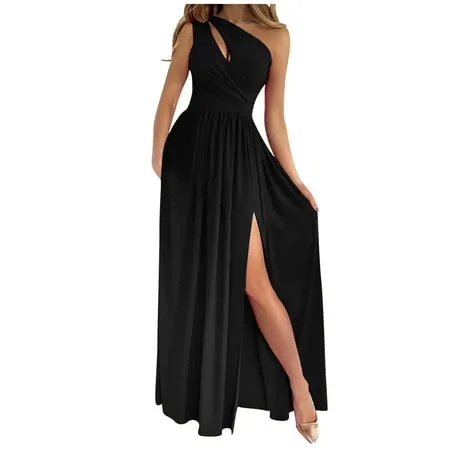 OFLALW Wedding Guest Dresses For Women Sexy One Shoulder Slit Maxi Long Dress Floor Length Party Dress Pleated Red Dress