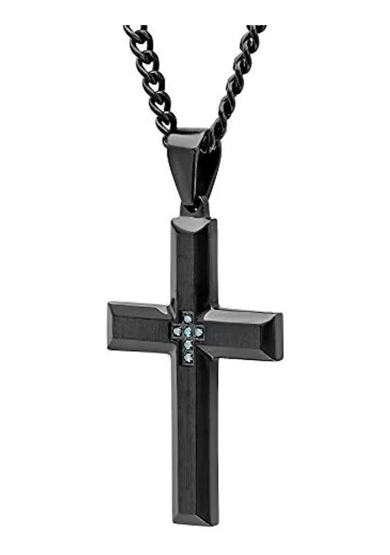 Blue Diamond Accent Black Ion-Plated Stainless Steel Cross Pendant Necklace - Men