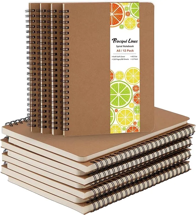 Principal Lines 12 Pack Unlined Spiral Notebook- A5 Blank Journal, Unlined Notebook, Soft Cover Kraft Journal for Drawing, Writing, Office Supplies, School Supplies- 60 Sheets/120 Pages- 8.2 x 5.8 Inches (Brown)