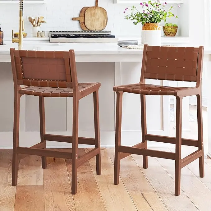 LUE BONA Counter Height Bar Stools 24inch, Set of 2 Faux Leather Woven Counter Stool with Backs, Woven Strips Rattan Barstools with Wood Legs for Dining Room Home Kitchen, Brown