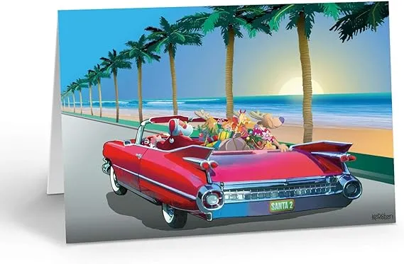 Tropical Cruising Santa Christmas Card - 18 Boxed Beach Holiday Cards & 19 Envelopes