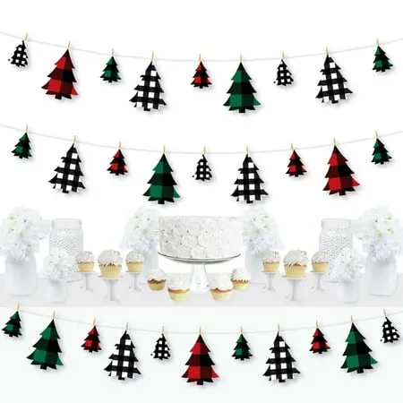 Holiday Plaid Trees - Buffalo Plaid Christmas Party DIY Decorations - Clothespin Garland Banner - 44 Pieces