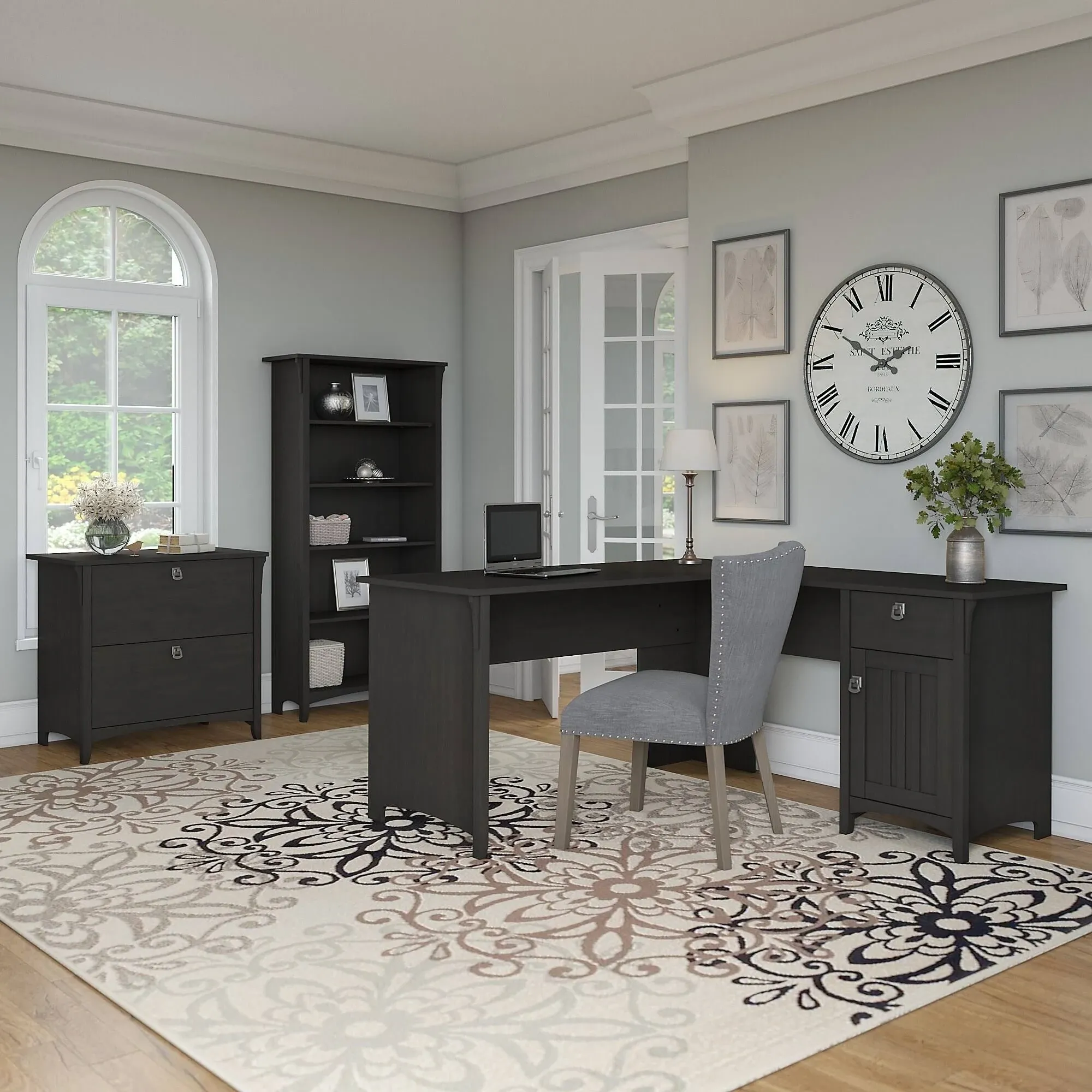 Bush Furniture Salinas L Shaped Desk with Lateral File Cabinet and 5 Shelf ...