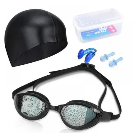 Swim Goggles Swim Cap Swimming Goggles No Leaking Anti Fog UV Protection Triathlon Swim Goggles with Protection Case Nose Clip Ear Plugs for Adult Men Women Girls Youth Kids Child