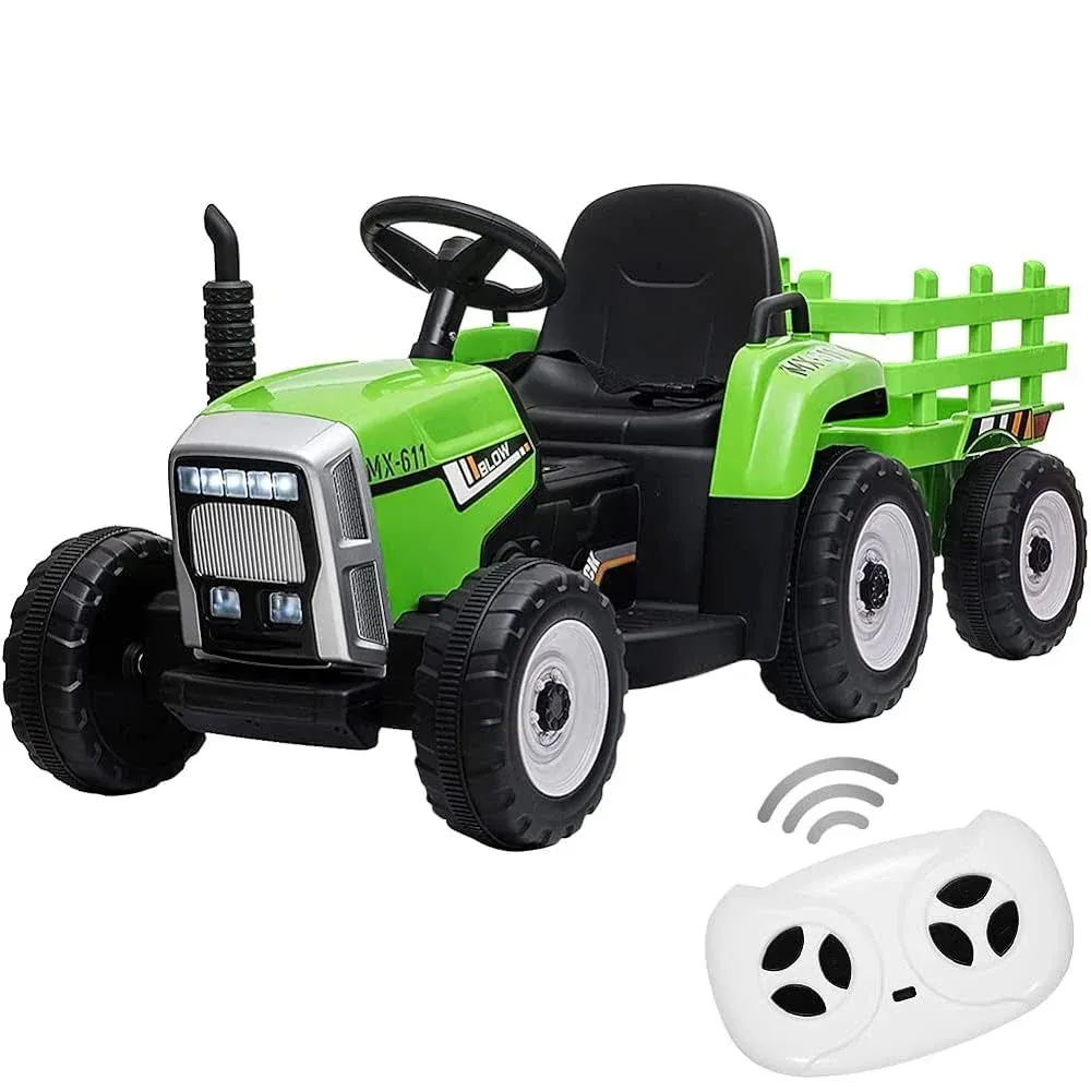 12V Kids Electric Tractor with Trailer Toddler Car w/Remote Green Ride On Toys 