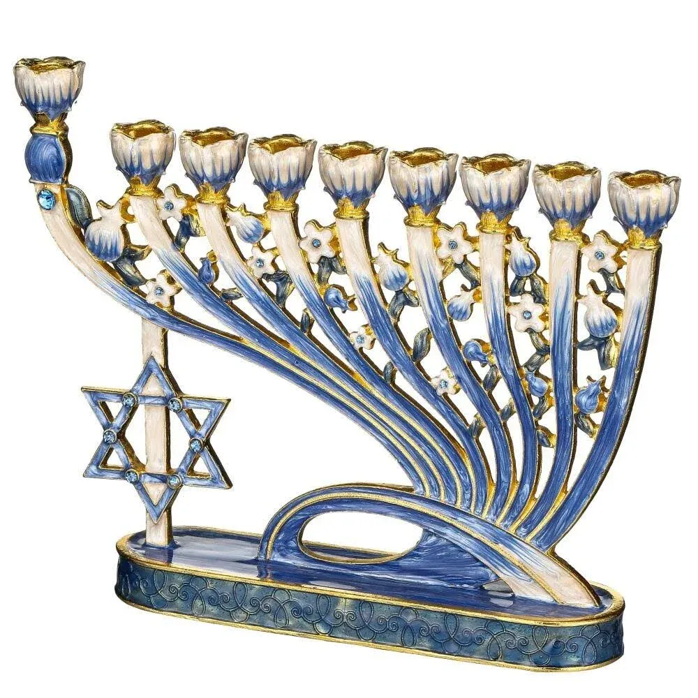 Matashi Hand Painted Blue Enamel Menorah Candelabra with A Modern Flow & Star of David Design, Embellished with Gold Accents