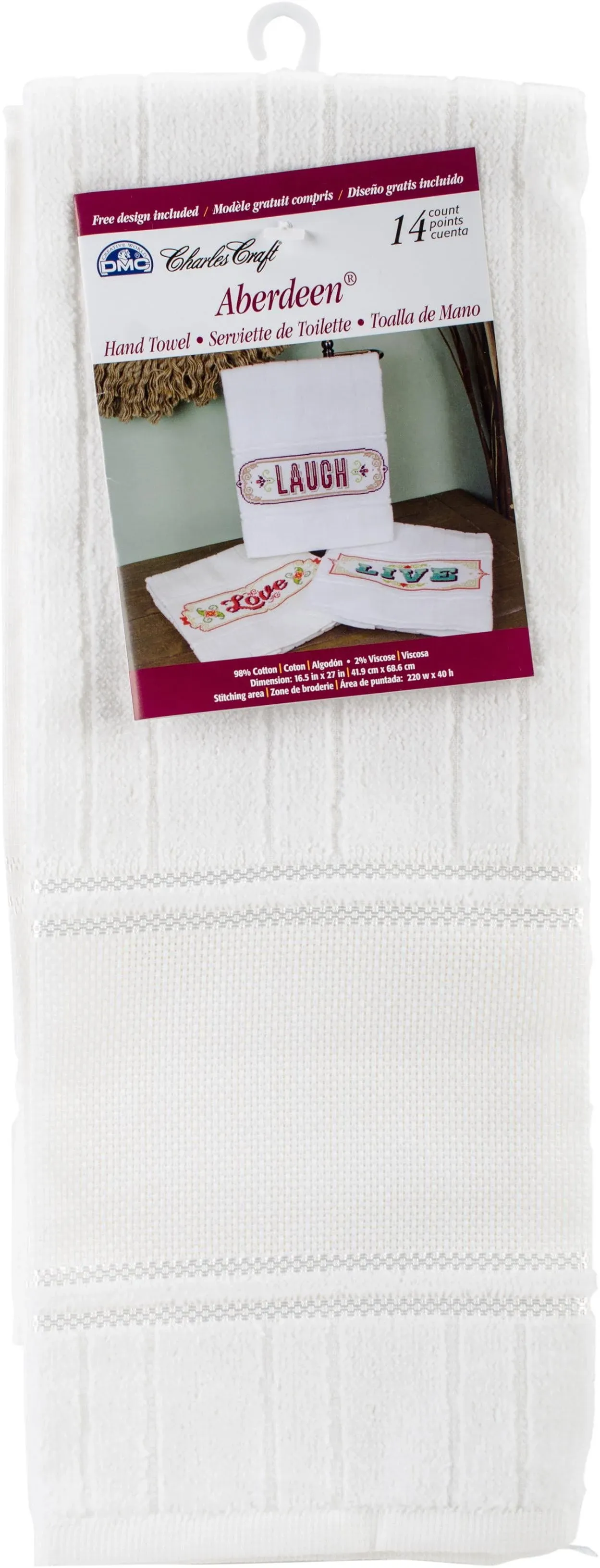 DMC Charles Craft Aberdeen Velour Hand Towel 14 Count 16.5"X27", White