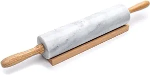 Fox Run Polished Marble Rolling Pin with Wooden Cradle, 10-Inch Barrel, White