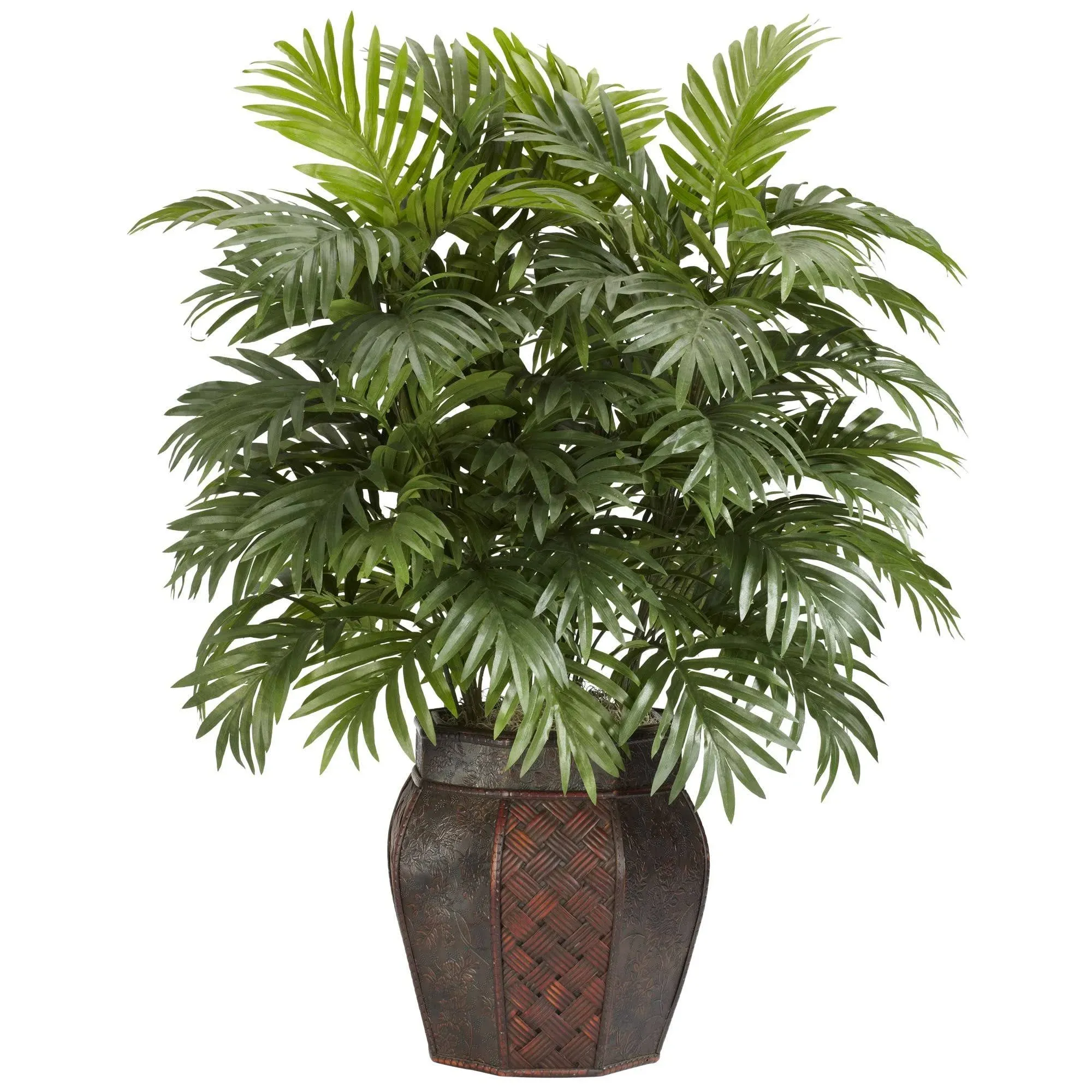 Nearly Natural Artificial Areca Palm 38&#034; Plastic Green w/ Wood Vase Plant Brown