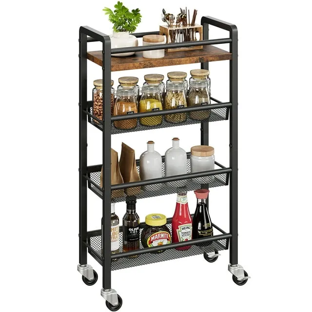 Slim Storage Cart  Narrow Rolling Cart  4 Tier Kitchen Rolling Cart with Handle and Lockable Casters  Metal Rolling Cart for Small Spaces  Bathroom  Laundry Room  Rustic Brown