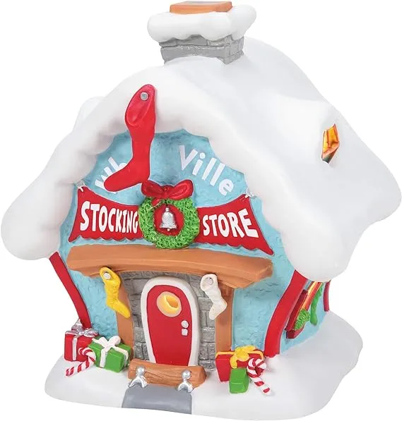 Department 56 Porcelain Dr. Seuss Grinch Village Who-Ville Stocking Store Lit Building, 7.17 Inch, Multicolor