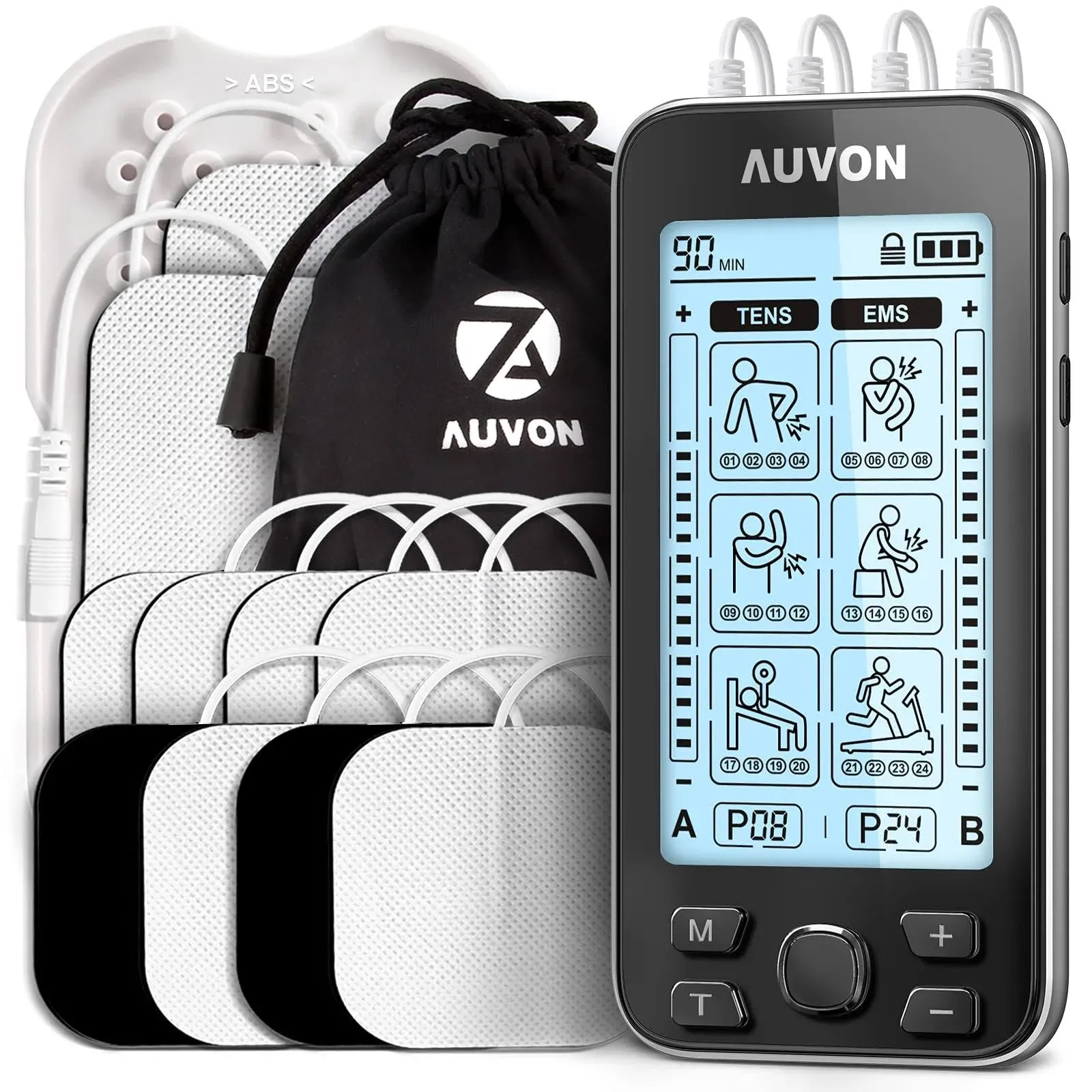 AUVON 4 Outputs Tens Unit EMS Muscle Stimulator Machine for Pain Relief Therapy with 24 Modes Electric Pulse Massager, 2 inch and 2 inchx4 inch