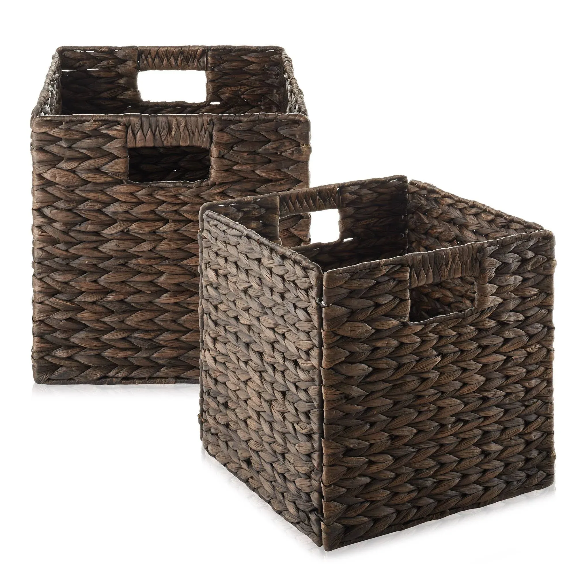 Casafield 10.5" x 10.5" Water Hyacinth Storage Baskets, Espresso - Set of 2 Collapsible Cubes, Woven Bin Organizers for Bathroom, Bedroom, Laundry