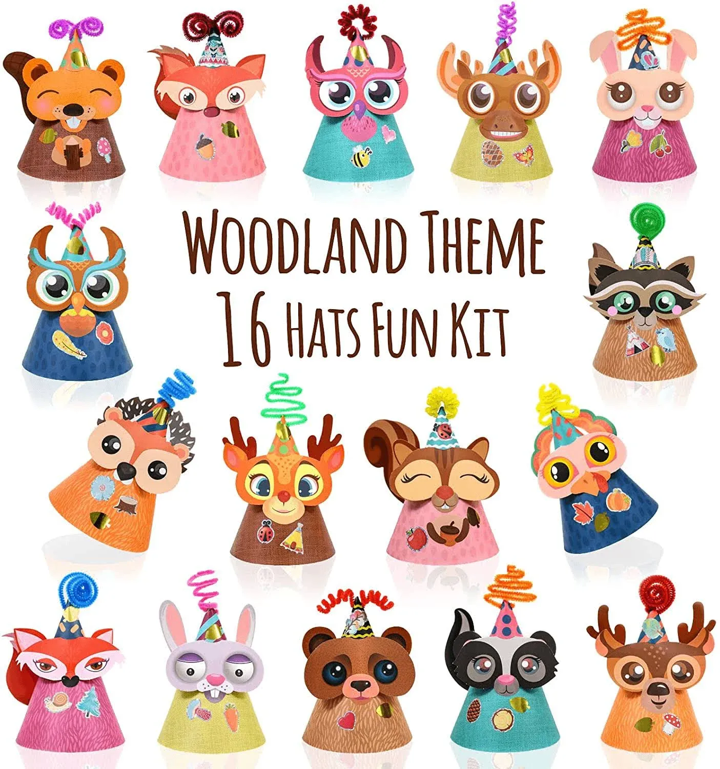 Woodland Themed Christmas Party Hats Making Kit c/w Chenille Stems & Stickers. Group Activities, DIY Art Craft Home Project. Birthday, Easter & Fiesta Decoration for Kid