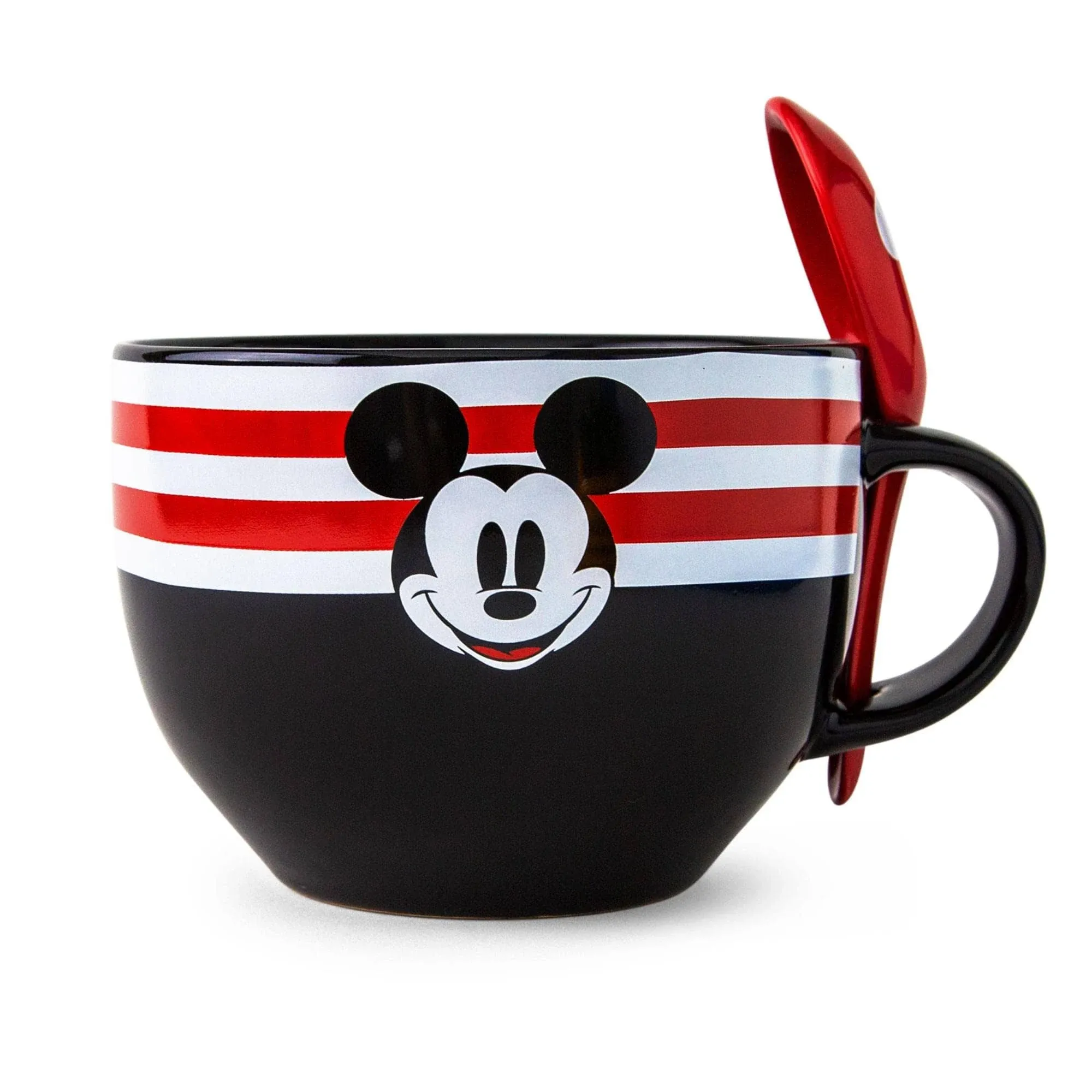 Disney Mickey Mouse 24-Ounce Red-Striped Ceramic Soup Mug Bowl With Spoon For Ice Cream, Cereal, Oatmeal