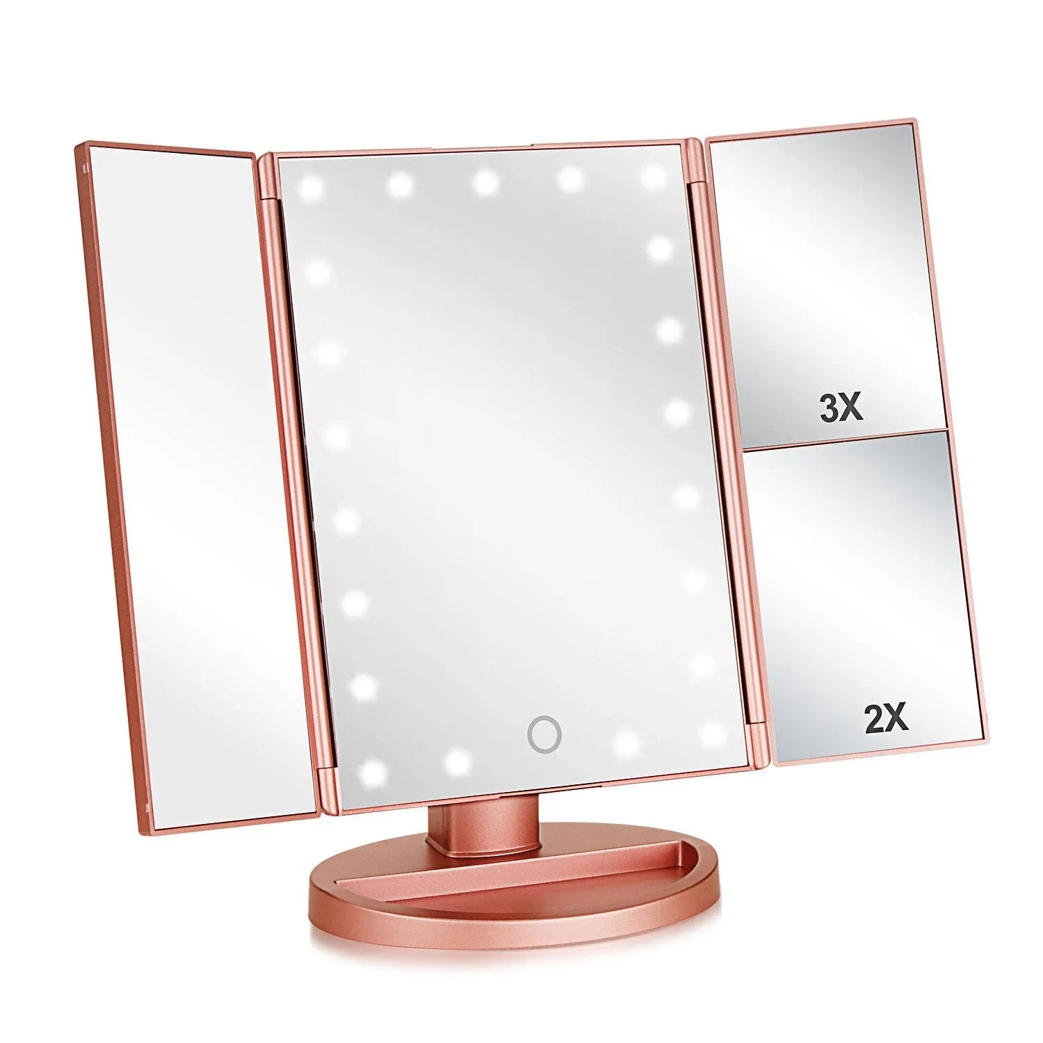 Tri-fold Makeup Mirror 3x/2x Magnification, 21 LEDs, Touch Screen, 180° Rotation