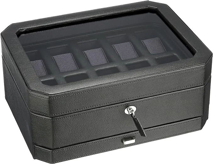 Wolf Windsor 10 Piece Watch Box with Drawer (Black/Purple)