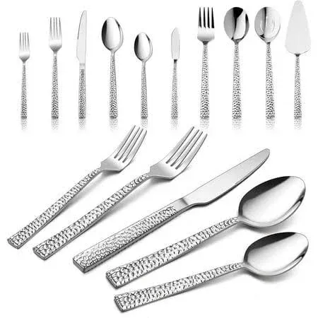 HaWare 45-Piece Hammered Silverware Set with Serving Utensils, Stainless Steel Flatware with Square Edge for 8, Fancy Cutlery Tableware, Include Knifes Forks Spoons, Mirror Polished, Dishwasher Safe