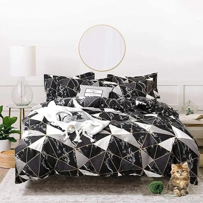 Houseri Queen Comforter Set Black White Grey Geometric Marble Plaid, 3 Pieces All Season Modern Chic Black Gold Line Bedding Sets Queen Size Soft Comfy Women Men Boys Aesthetic Diamond Grid Bed Quilt