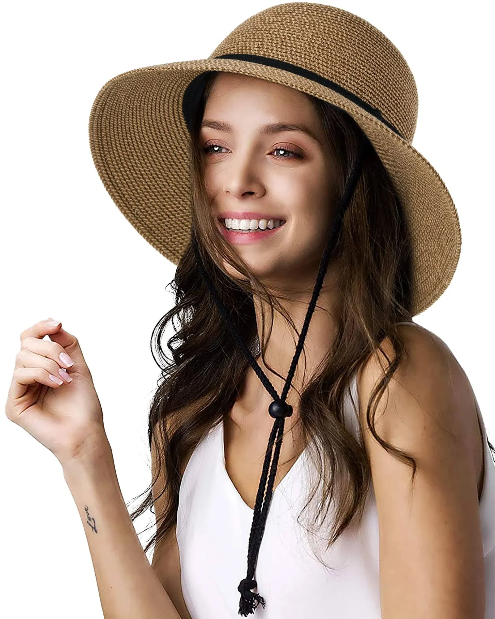 Furtalk Womens Wide Brim Sun Hat with Wind Lanyard UPF Summer Straw Sun Hats for ...