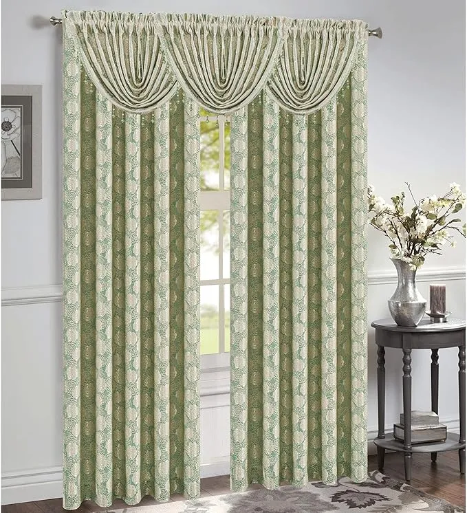 Margie Jacquard Rod Pocket Waterfall Window Valance with Beads, Sage, 48x37 Inches