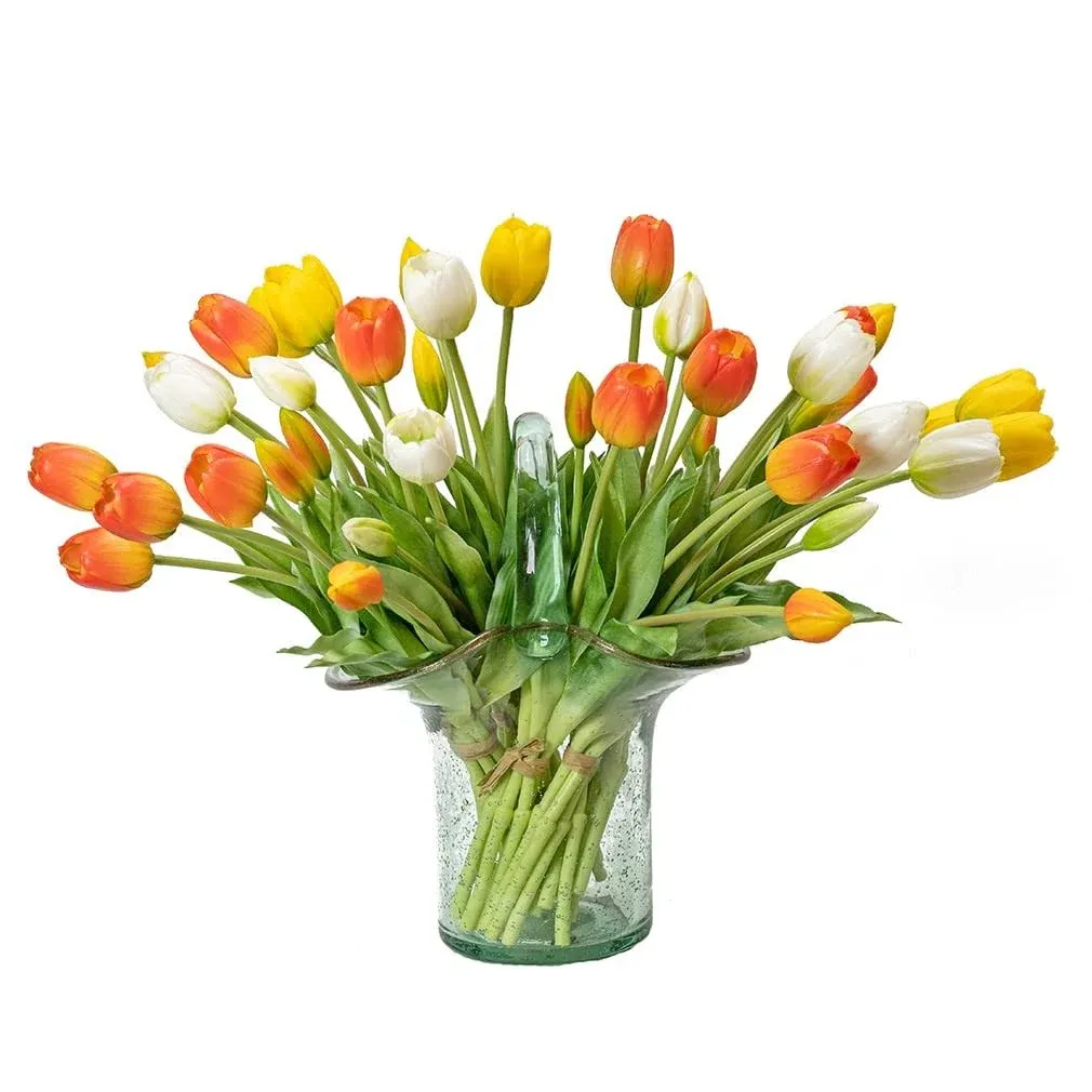  15pcs Artificial Tulips Flowers, Real Touch Latex Bouquet, 40pcs Orange Suit