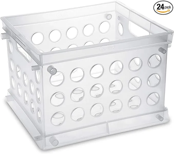 Sterilite Mini Crate, Stackable Plastic Storage Bin with Handles, Organize Home, Garage, Office, School, Dorm Room, Clear, 24-Pack