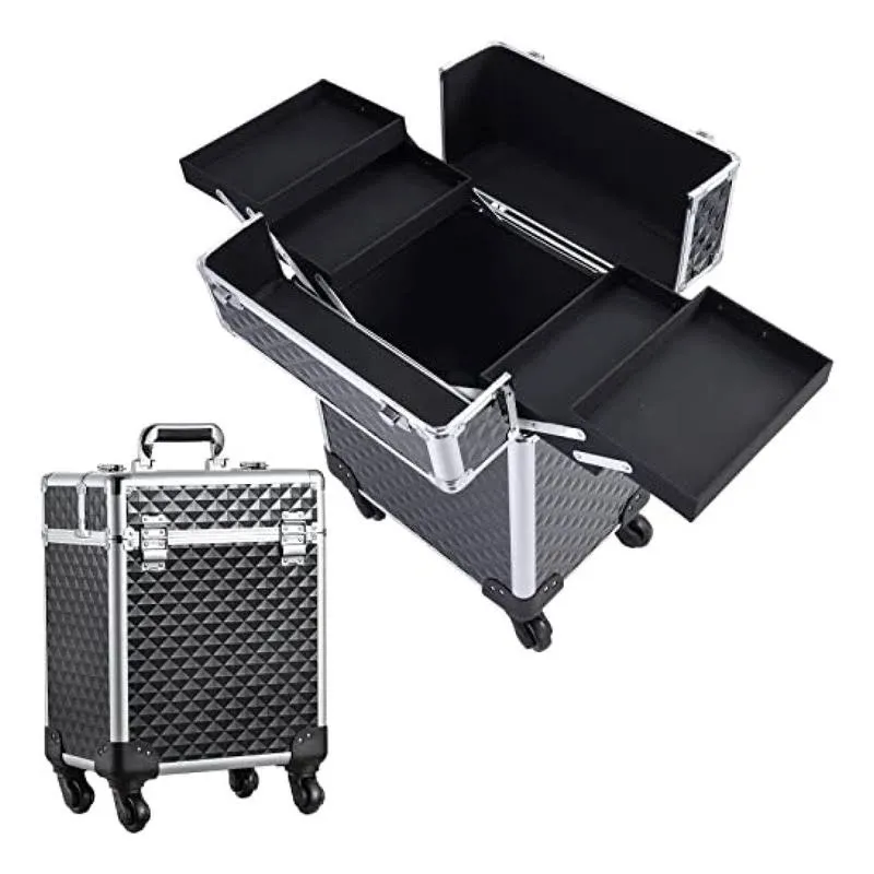 Mecucasi Rolling Makeup Train Case Large Cosmetic Trolley Organized Aluminum Barber Case for Hairstylist Makeup Nail Tech Salon with Keys Swivel