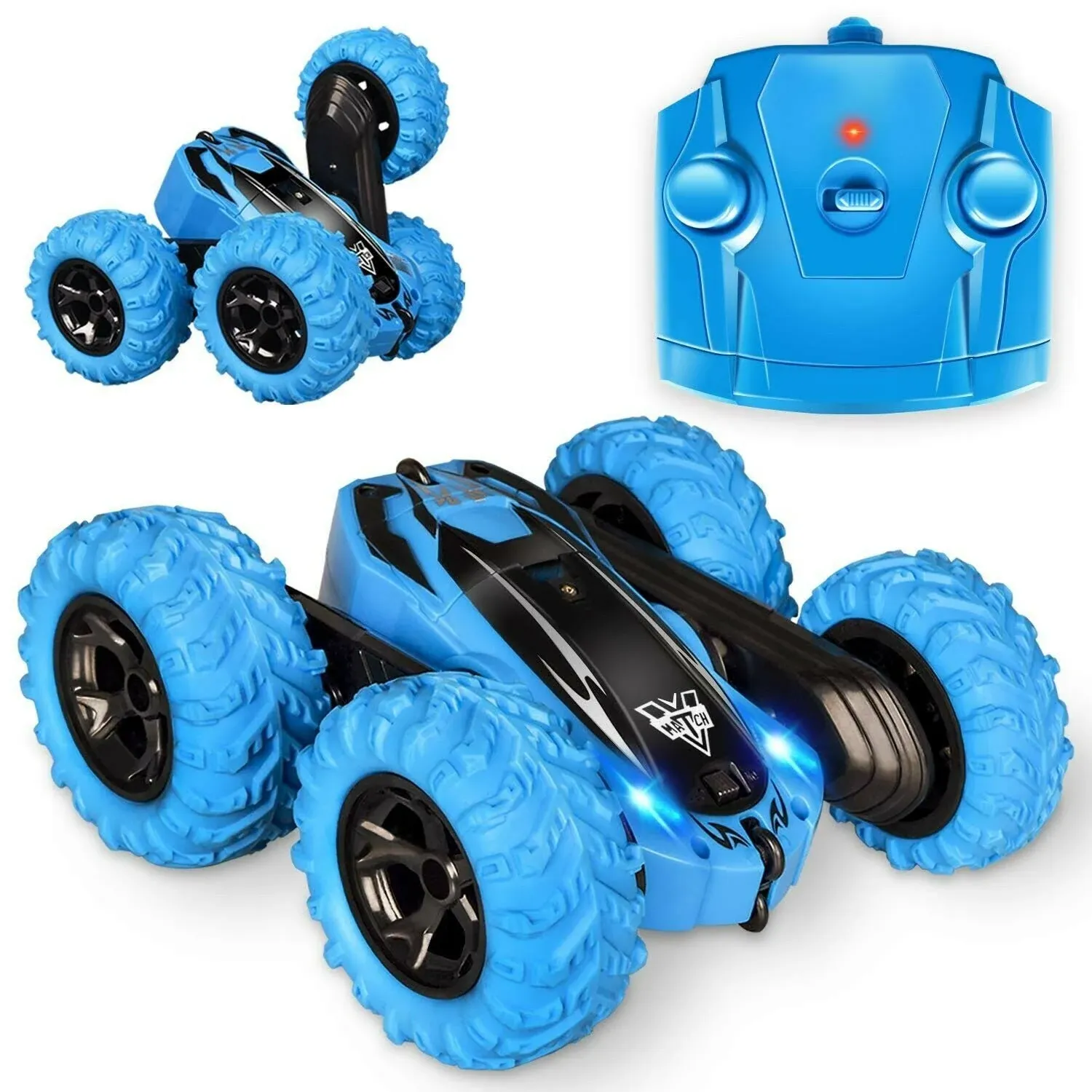 KKONES Remote Control Car, 2.4GHz RC Stunt Car, Double Sided 360° Rotating RC Cars with LED Headlight, High Speed Off Road RC Crawler Xmas Car Toy Gift for 3 4 5 6 7 8-12 Year Old Boys (Blue)