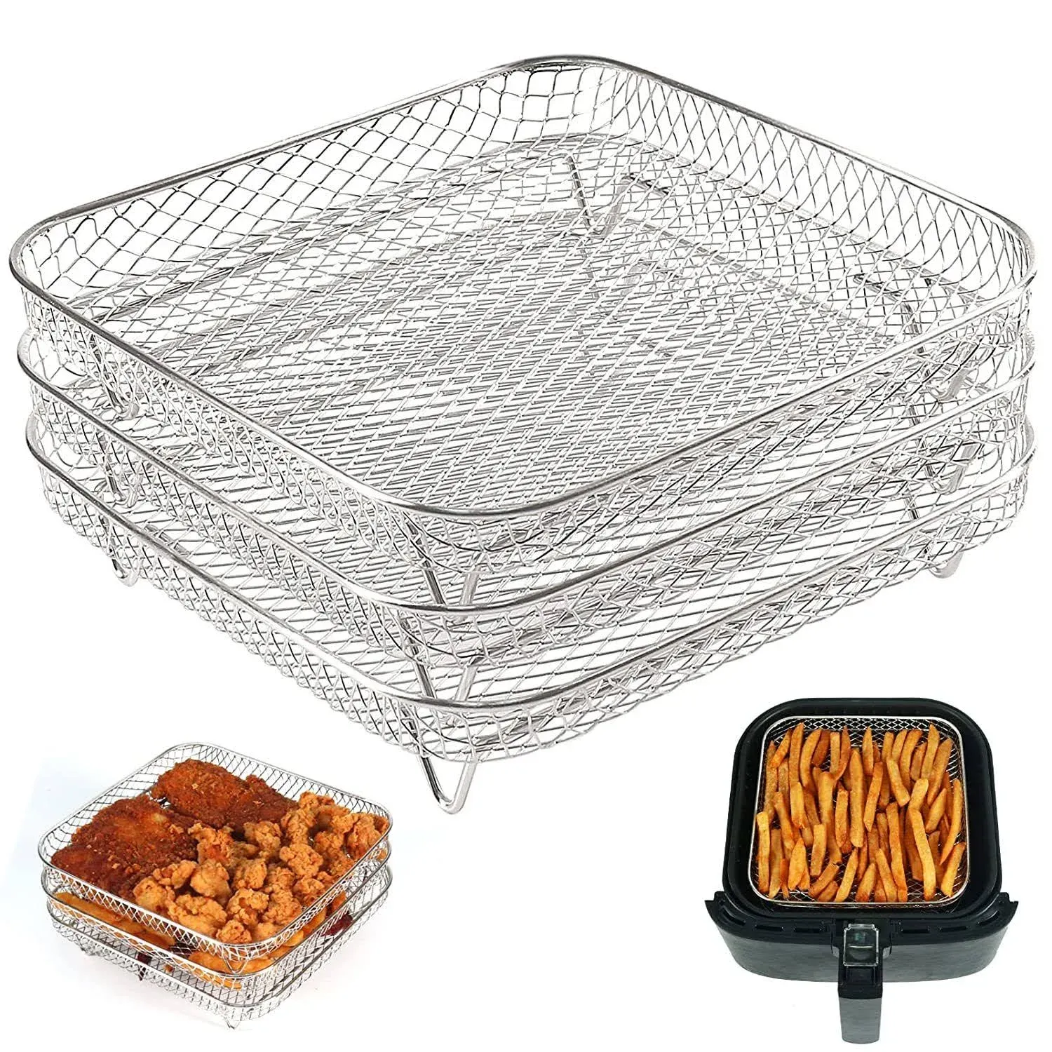 8 inch Square Air Fryer Rack, Set of 3, Stackable Multi-Layer Stainless Steel de ...