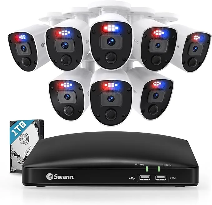 Swann Home DVR Security Camera System with 1TB HDD,8 Channel 8 Camera,1080p Video,Indoor or Outdoor Wired Surveillance CCTV,Color Night Vision,Heat Motion Detection,LED Lights,846808