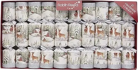 Robin Reed Handmade English Christmas Crackers - 10 x 8.5 inch - Silver Glitter Forest Deer