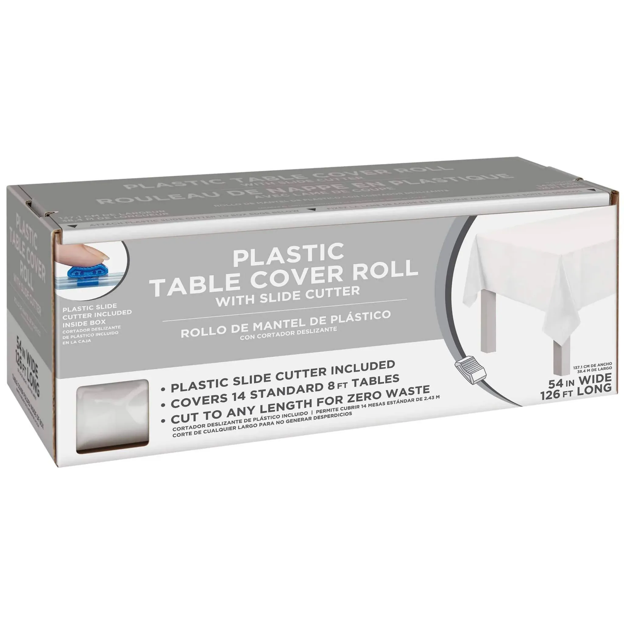 Amscan White Plastic Table Cover Roll with Slide Cutter, 54in x 126ft