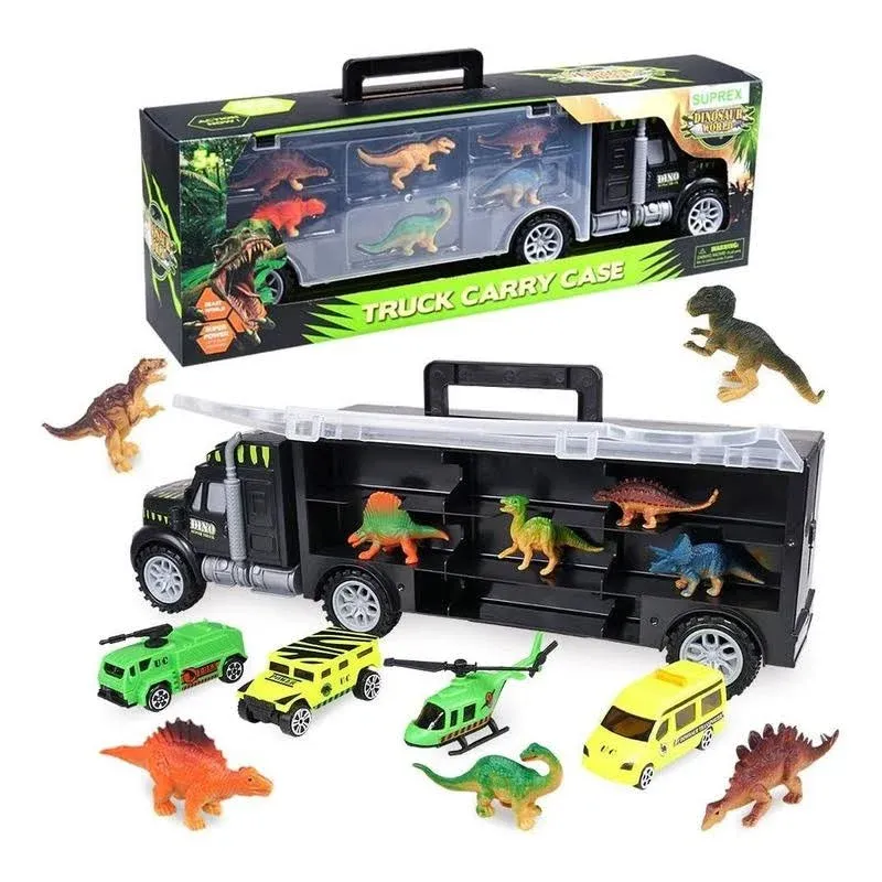 SUPREX 16 Inch Dinosaur Transport Truck Carrier Toy 14 Piece, 9 Educational Realistic Dinosaur Figures, 3 Matchbox Cars, 1 Helicopter, Dinosaur Toy for Boys, Gift for Kids Children Girls Ages 3+