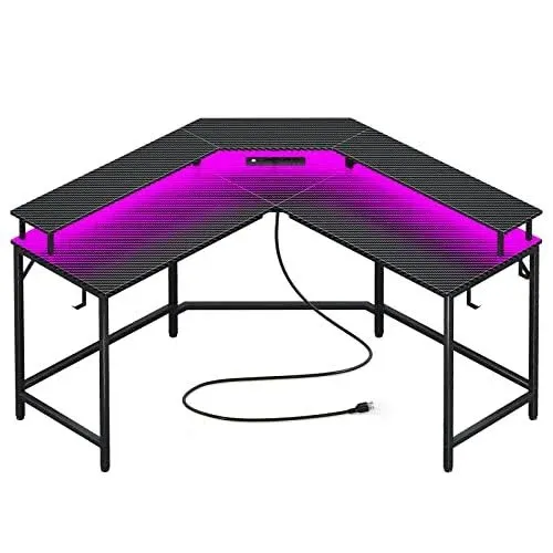 Huuger L Shaped Gaming Desk with Power Outlets & LED Lights, Computer Desk with Monitor Shelves, Carbon Fiber Surface, Home Office Desk, Corner Gaming Desk with Hooks, Black