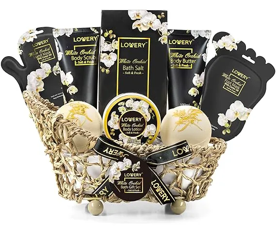 Christmas Gift Spa Bath Set for Women, Men, Teens - White Orchid Home Spa Set with Vitamin E and Shea Butter with Body Butter, Body Scrub, Lotion, Ex-Large BathBombs, Salts, Pair of Hand & Foot Masks