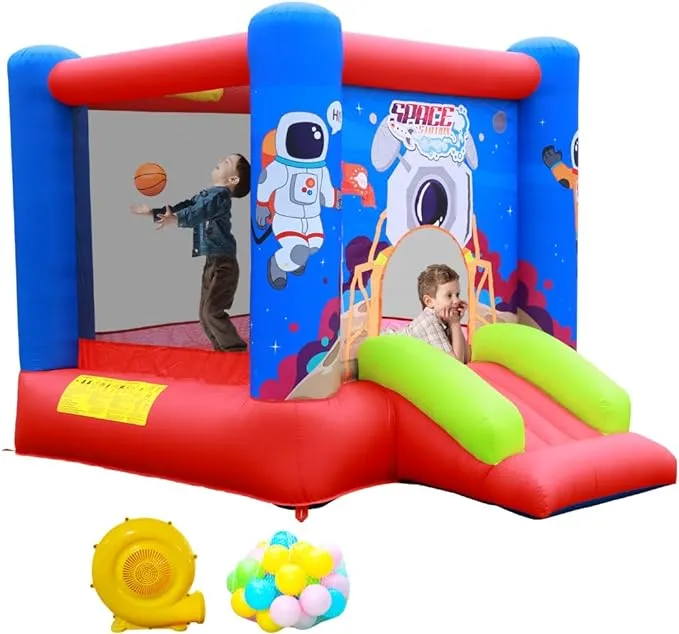 WELLFUNTIME Inflatable Bounce House Jumping Castle Slide Blower Kids Bouncer Basketball Rim