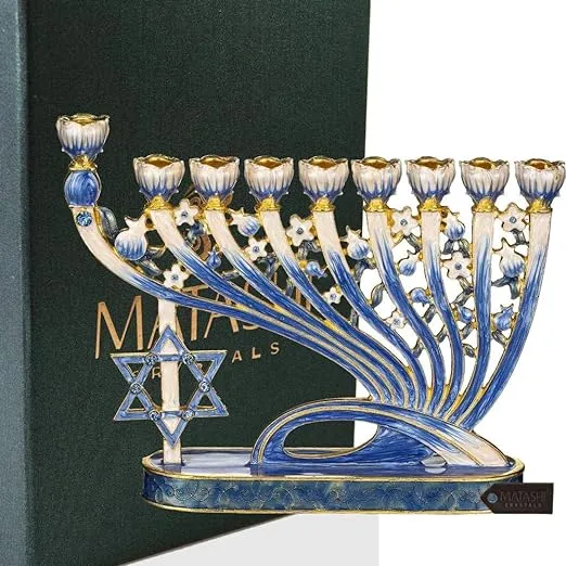 Matashi Hand Painted Enamel Menorah Candelabra Embellished with Gold Accents and Crystals (Modern Flow & Star of David Design)