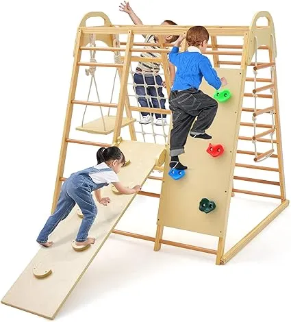 INFANS Indoor Jungle Gym, 8 in 1 Kids Montessori Indoor Playground Climbing Playset for Toddlers with Slide Swing Net Monkey Bars Rope Ladder, Wood Climber Toys for Boys Girls