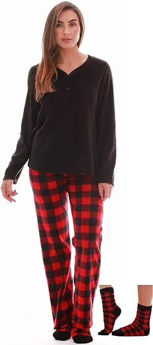 Just Love Womens Ultra-Soft Pajama Pant Set with Matching Fuzzy Socks (Red Black ...