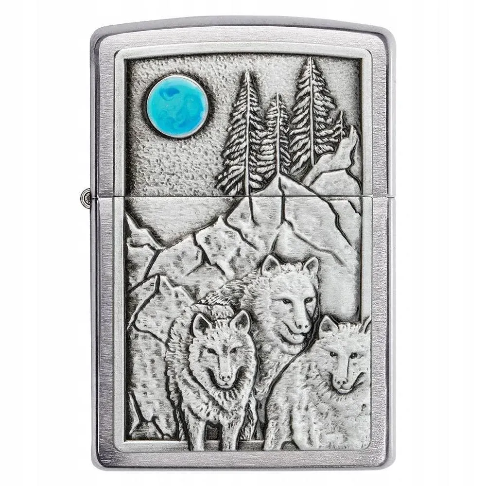 Zippo Lighter: Wolf Pack and Moon Emblem - Brushed Chrome 49295