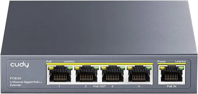 Cudy 4 Channel Gigabit PoE Extender, 1000 Mbps, 1 PoE Input, 4 PoE Output, PoE Repeater, PoE+ Amplifier, PoE++ Booster, Wall Mounting, IEEE 802.3bt / 802.3at / 802.3af Compliance